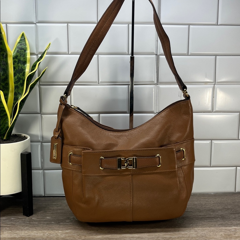 Tignanello Brown Leather Messenger Bag with Striped Lining